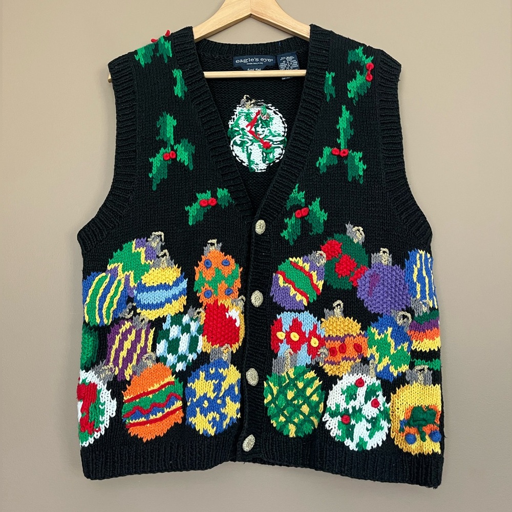 {Eagle's Eye} Vintage Hand Knit Christmas Ornament Sweater Vest - Womens Medium
